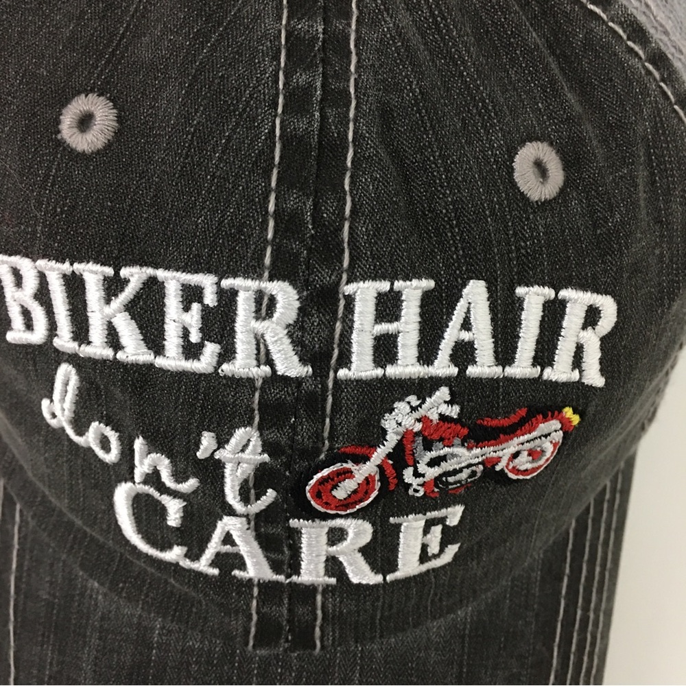 Biker Hair Don’t Care Distressed Embroidered Baseball Biker Cap - Picture 3 of 8
